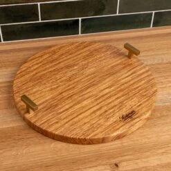 Scotsman Brazilian Oak Round Serving Tray with Gold T-Handles