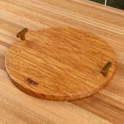 Scotsman Brazilian Oak Round Serving Tray with Gold T-Handles -Laurel Mercantile Store Brazilian Oak Round Serving Tray 00005