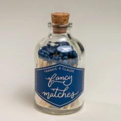 Navy Blue Decorative Matches in Corked Glass Jar with Bottom Striker