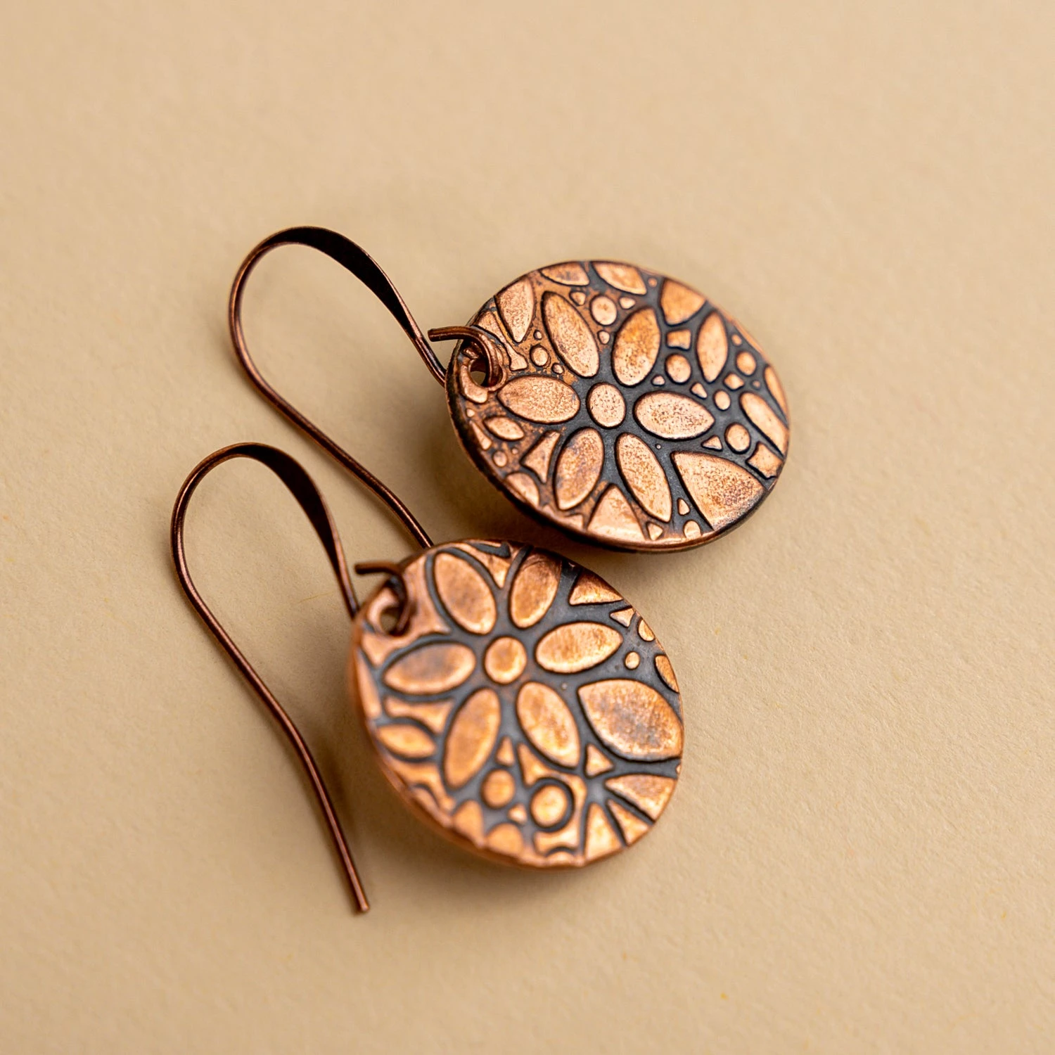 Novi Embossed Floral Oval Copper Earrings 3 Novi Embossed Floral Oval Copper Earrings