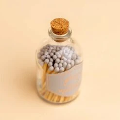 Fog Gray Fancy Safety Matches in Corked Glass Jar with Bottom Striker -Laurel Mercantile Store Fog Gray Fancy Matches Small Jar 00005