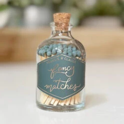 Forest Blue Decorative Matches in Corked Glass Jar with Bottom Striker