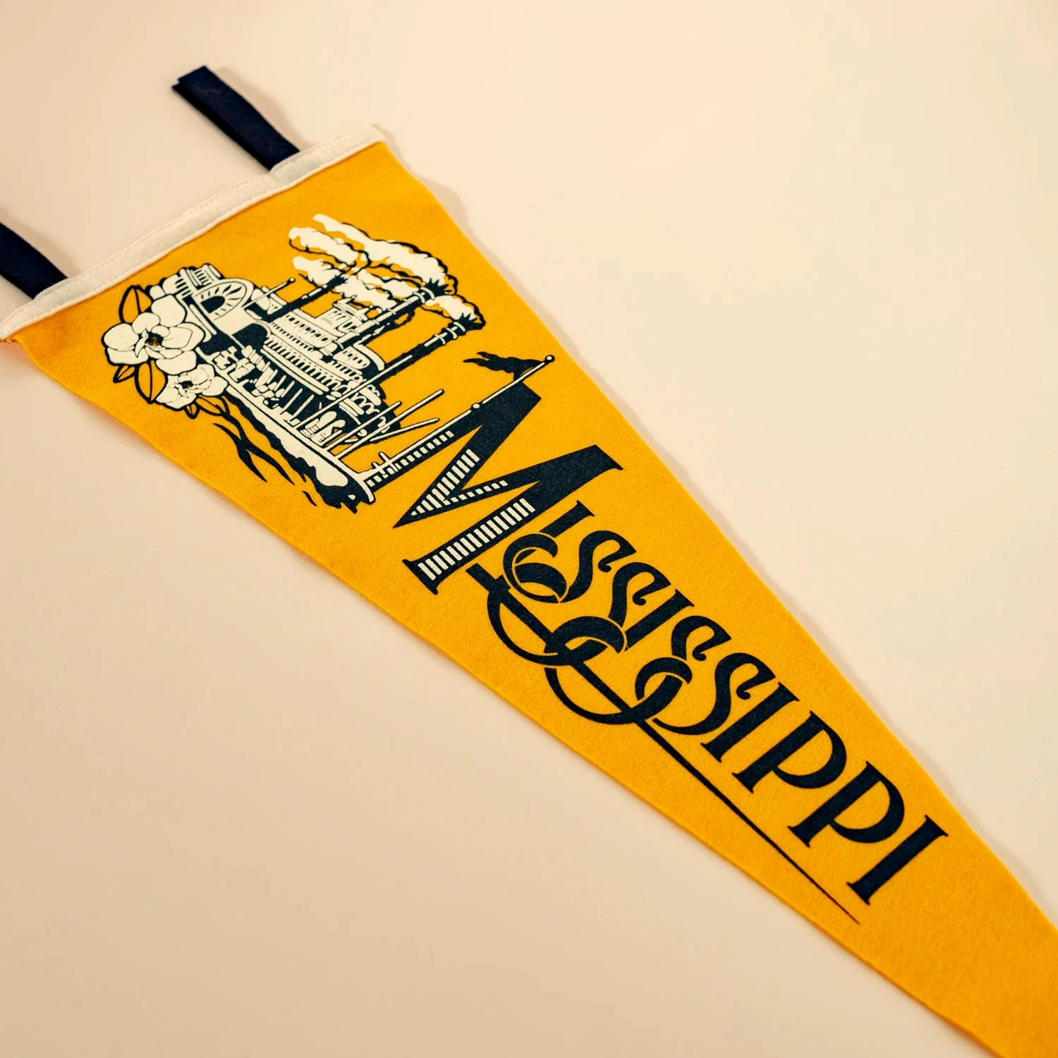 Mississippi State Felt Pennant | Vintage Gold & Navy Wall Decor 3 Mississippi State Felt Pennant | Vintage Gold & Navy Wall Decor