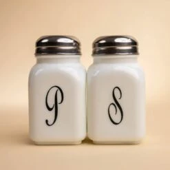 Milk Glass Vintage Salt & Pepper Shakers With Monogram -Laurel Mercantile Store Mosser Glassware Milk Glass Collection 0002