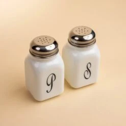 Milk Glass Vintage Salt & Pepper Shakers With Monogram -Laurel Mercantile Store Mosser Glassware Milk Glass Collection 0005