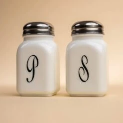 Milk Glass Vintage Salt & Pepper Shakers With Monogram -Laurel Mercantile Store Mosser Glassware Milk Glass Collection 0006
